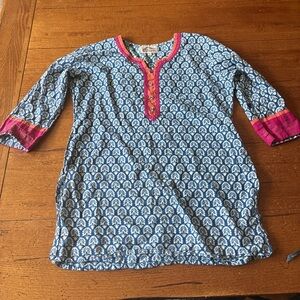 Blue and Pink Embellished Tunic with Cuffed Sleeves